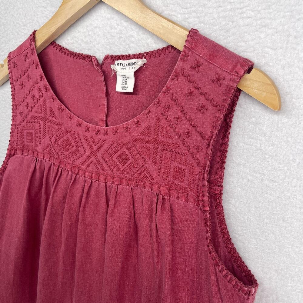 ARTISAN NY Dress M Linen Cross Stitch Embroidered Smocked Shift Tank Pink Red - Picture 2 of 11
